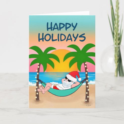 Tropical Beach Santa Hammock Palm Tree Holiday Card