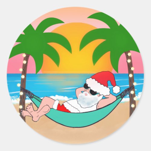 Tropical Beach Santa Palm Tree Christmas Classic Round Sticker