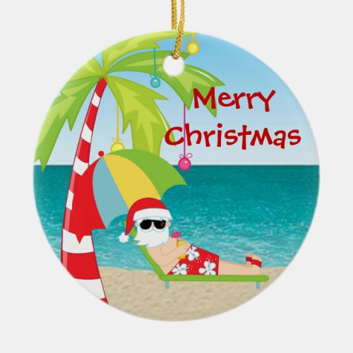 Tropical Beach Santa Palm Tree Christmas Ornament
