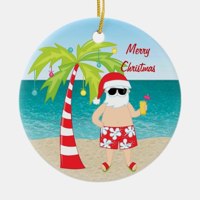 Tropical Beach Santa Palm Tree Christmas Ornament (Front)
