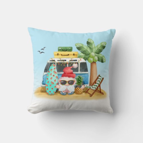 Tropical Beach Santa Palm Tree Christmas Throw Pillow