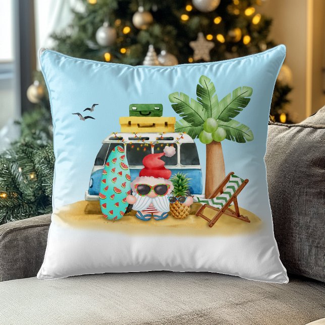 Tropical Beach Santa Palm Tree Christmas Throw Pillow (Creator Uploaded)
