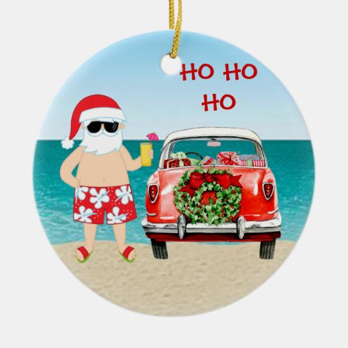 Tropical Beach Santa with Classic Car Christmas Ceramic Ornament