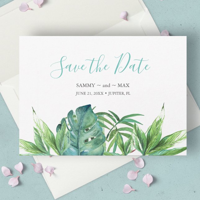 Tropical Beach Save the Date (tropical beach wedding save the date invitation card features watercolor tropical leaves, )