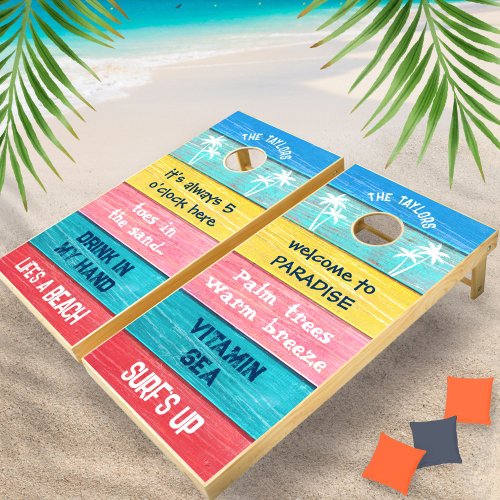 Tropical Beach Sayings Rustic Wood Cornhole Set