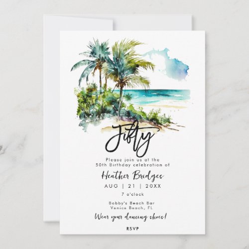 Tropical beach scene 50th birthday party invitation