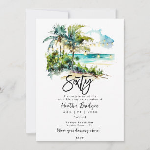 Tropical beach scene 60th birthday party invitation