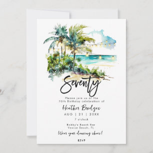 Tropical beach scene 70th birthday party invitation