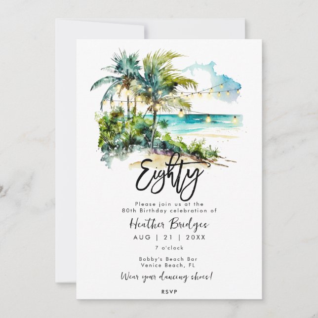 Tropical beach scene 80th birthday party invitation (Front)