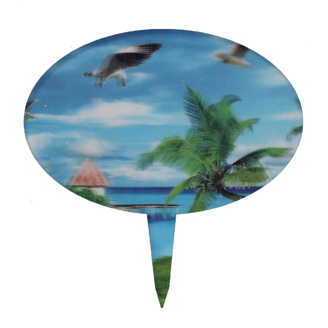 Tropical Beach Scene Art Print Cake Topper (Front)