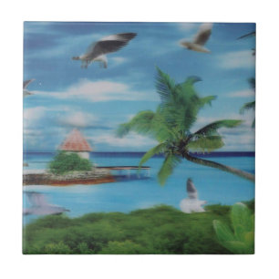 Tropical Beach Scene Art Print Ceramic Tile