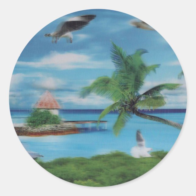 Tropical Beach Scene Art Print Classic Round Sticker (Front)