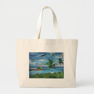 Tropical Beach Scene Art Print Large Tote Bag