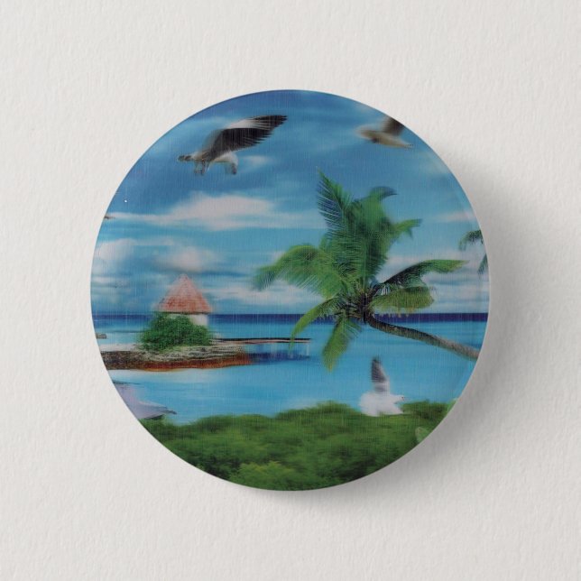 Tropical Beach Scene Art Print Pinback Button (Front)