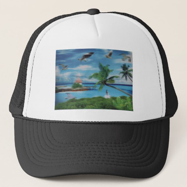 Tropical Beach Scene Art Print Trucker Hat (Front)