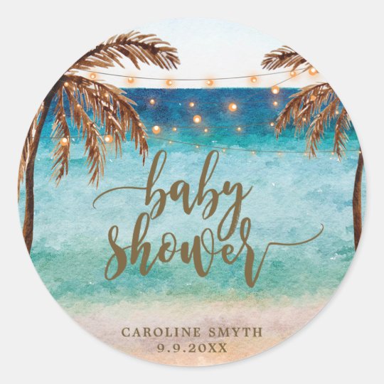 Tropical Beach Scene Baby Shower Favors Sticker Zazzle Com