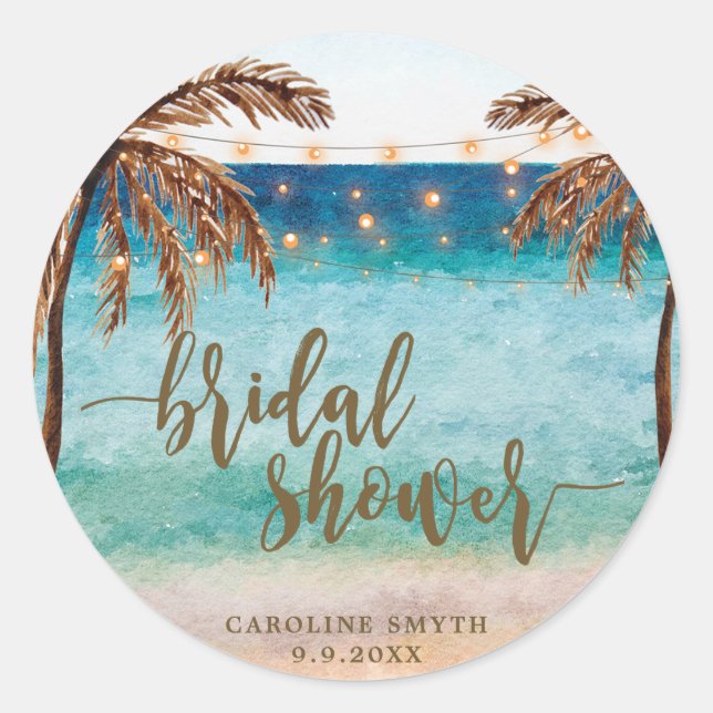 tropical beach scene bridal shower favors sticker (Front)