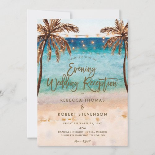 tropical beach scene evening wedding invitation
