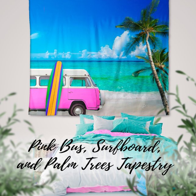 Tropical Beach Scene Fuchsia Pink Van & Surfboard Tapestry (Creator Uploaded)