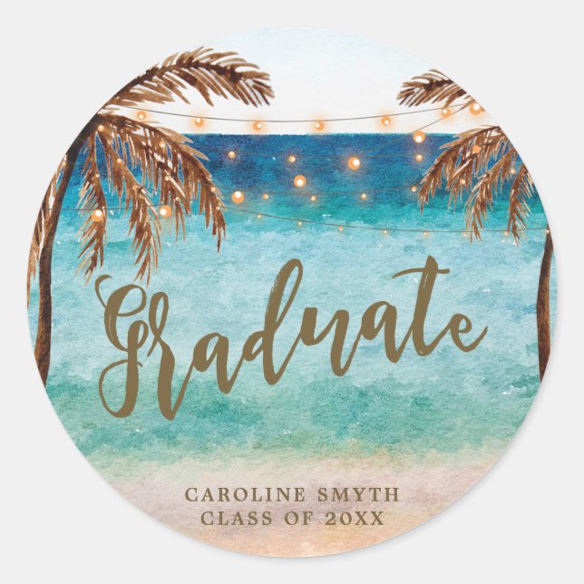 tropical beach scene graduation favors sticker (Front)