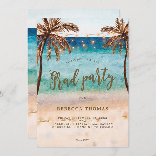tropical beach scene graduation party invitation (Front/Back)