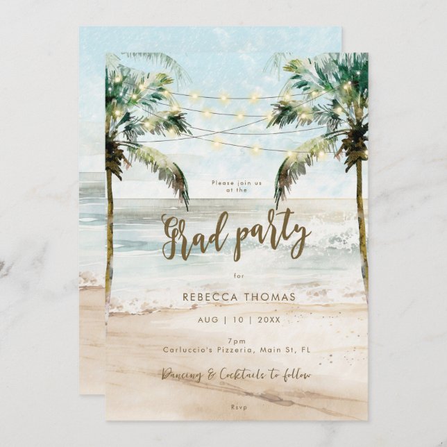 tropical beach scene graduation party invitation (Front/Back)