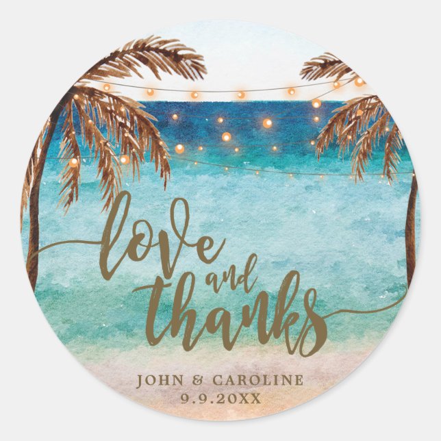 tropical beach scene love and thanks favor sticker (Front)