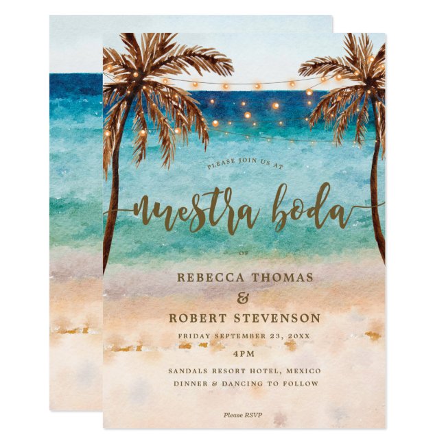 tropical beach scene nuestra boda invitation