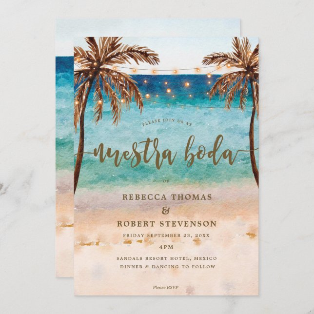 tropical beach scene nuestra boda invitation (Front/Back)