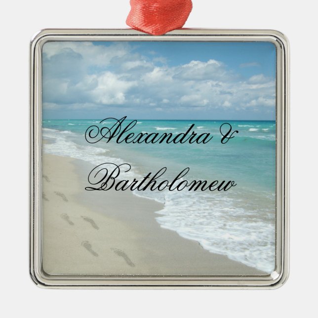 Tropical Beach Scene Personalized Keepsake Metal Ornament (Front)
