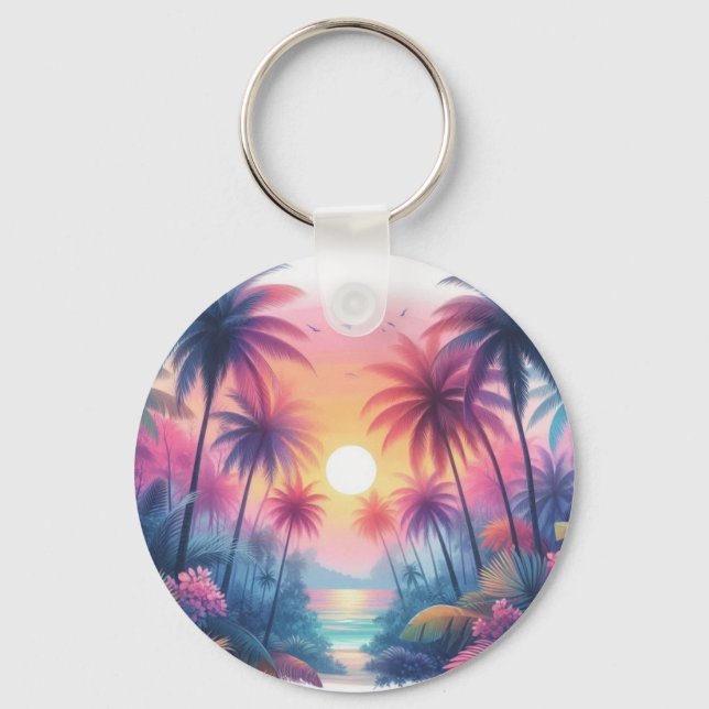 Tropical Beach Scene With Pink Sunset Keychain (Front)
