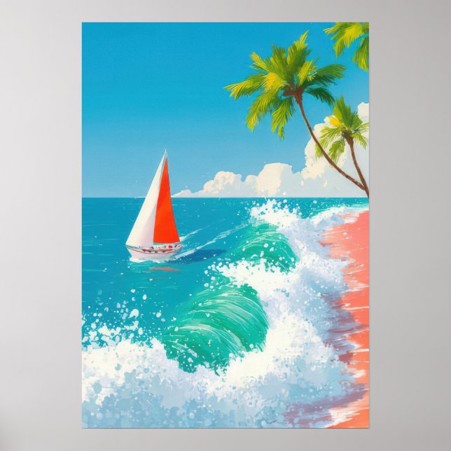 tropical beach scene with sailboat and waves poster (Front)