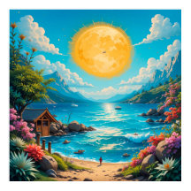 Tropical Beach Scene with Vibrant Flowers
