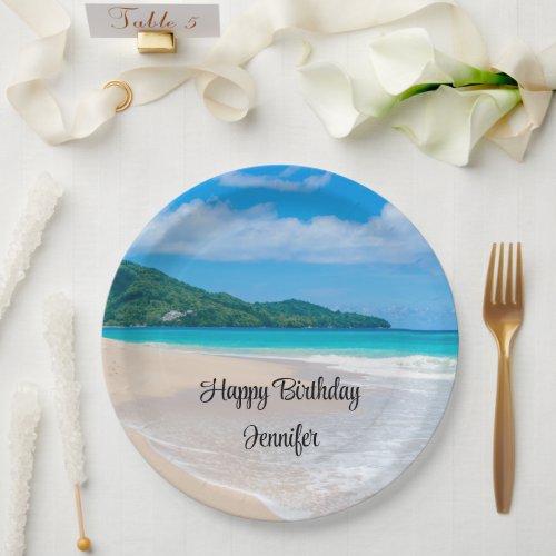 Tropical Beach Scenic Photo Birthday Paper Plates