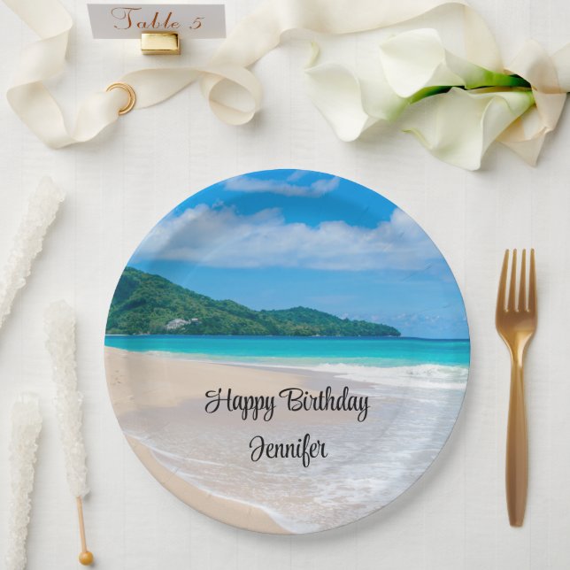 Tropical Beach Scenic Photo Birthday Paper Plates (Wedding)