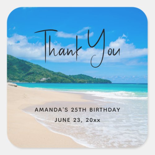 Tropical Beach Scenic Photo Party Thank You Square Sticker