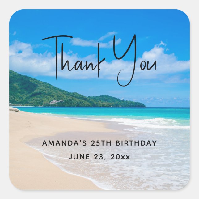 Tropical Beach Scenic Photo Party Thank You Square Sticker (Front)