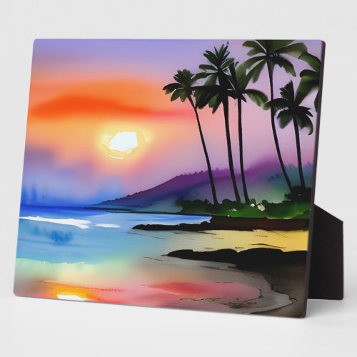 Tropical Beach Scenic Watercolor Tabletop Plaque