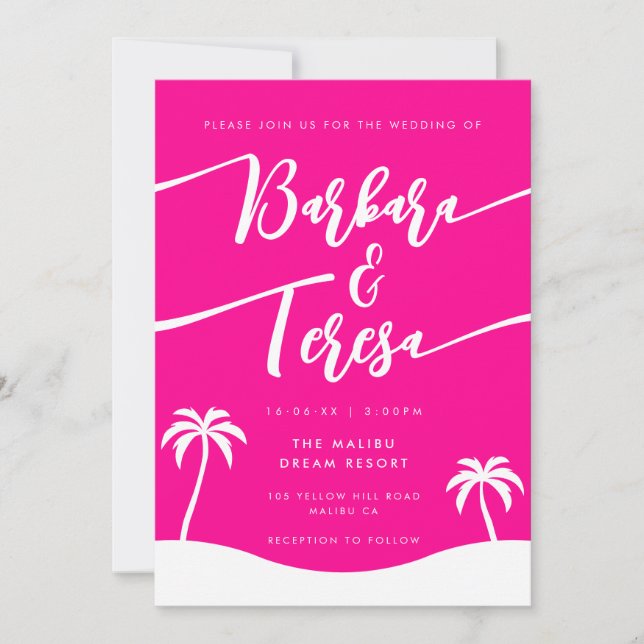 Tropical Beach Script Hot Pink Lesbian Wedding Invitation (Front)