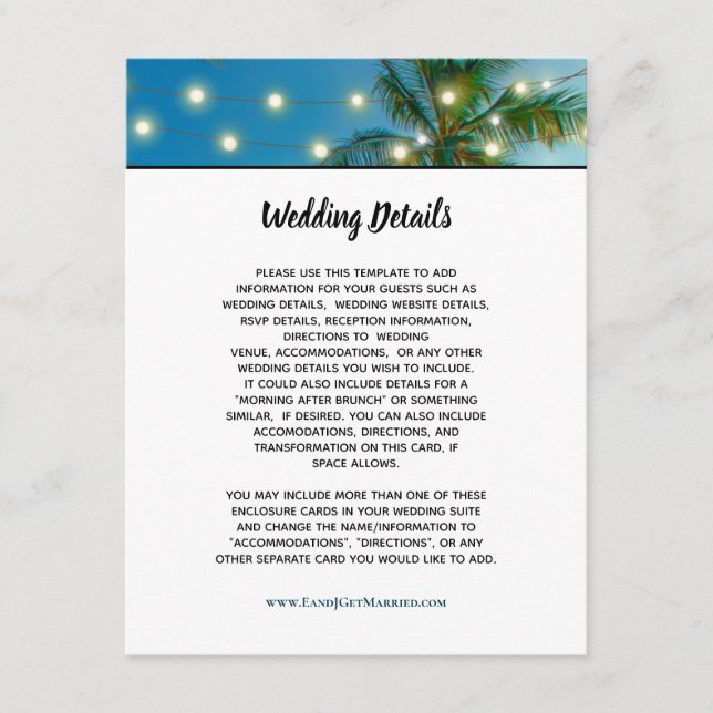 Tropical Beach Script Palm Lights Wedding Details  Enclosure Card (Front)