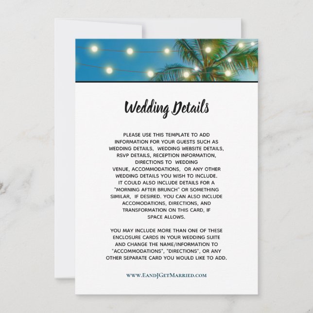 Tropical Beach Script Palm Lights Wedding Details Invitation (Front)