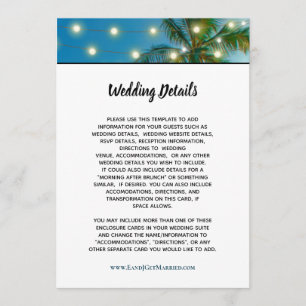 Tropical Beach Script Palm Lights Wedding Details Invitation