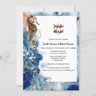 Tropical beach sea horse blue orange wedding invitation