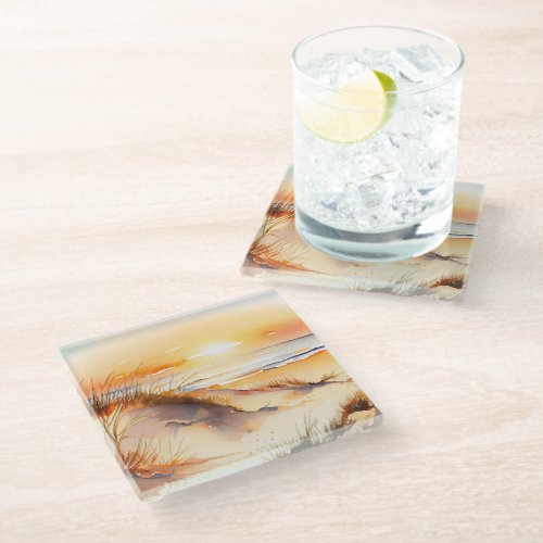 Tropical Beach Sea Sand Ocean Coast Sunset Glass Coaster