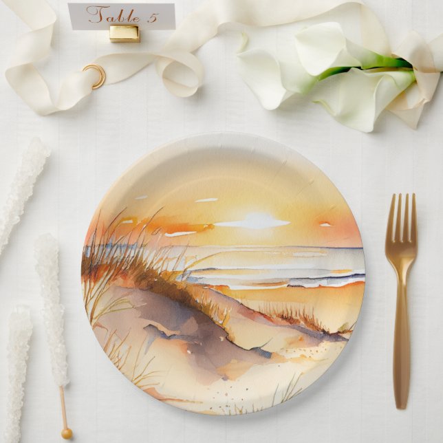 Tropical Beach Sea Sand Ocean Coast Sunset Paper Plates (Wedding)
