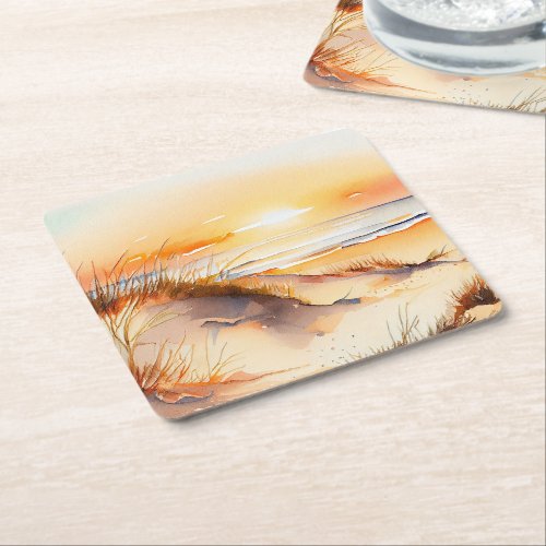 Tropical Beach Sea Sand Ocean Coast Sunset Square Paper Coaster