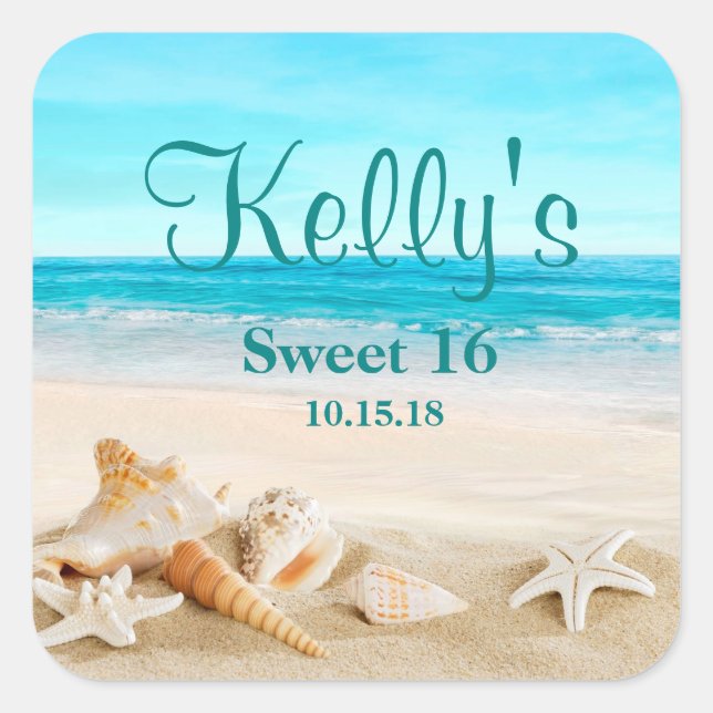 Tropical Beach Sea Shell Sweet 16 Favor Labels (Front)
