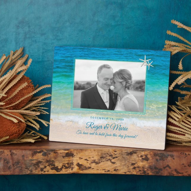 Tropical Beach Sea Stars Newlywed Photo Keepsake Plaque (Side)
