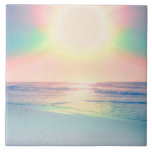 Tropical Beach Sea Sun Colorful Summer Ceramic Tile<br><div class="desc">This Beautiful Tropical Beach Holographic Sunset seascape photo print brings to your home decor a sense of a calm, relaxed summer holiday. Featuring an amazing sunset with iridescent rainbow colors over the sea, pink and green ocean calm waves, shining light blue and lavender gradient beach sand, and a light rainbow-colored...</div>