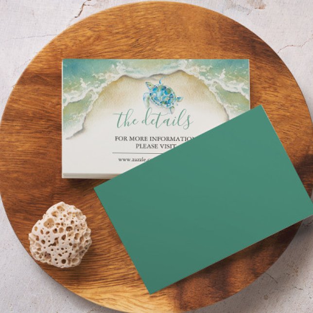 Tropical Beach Sea Turtle Website Wedding Enclosure Card (Tropical weddings sea turtle details card by watercolor artist Victoria Grigaliunas in Florida)